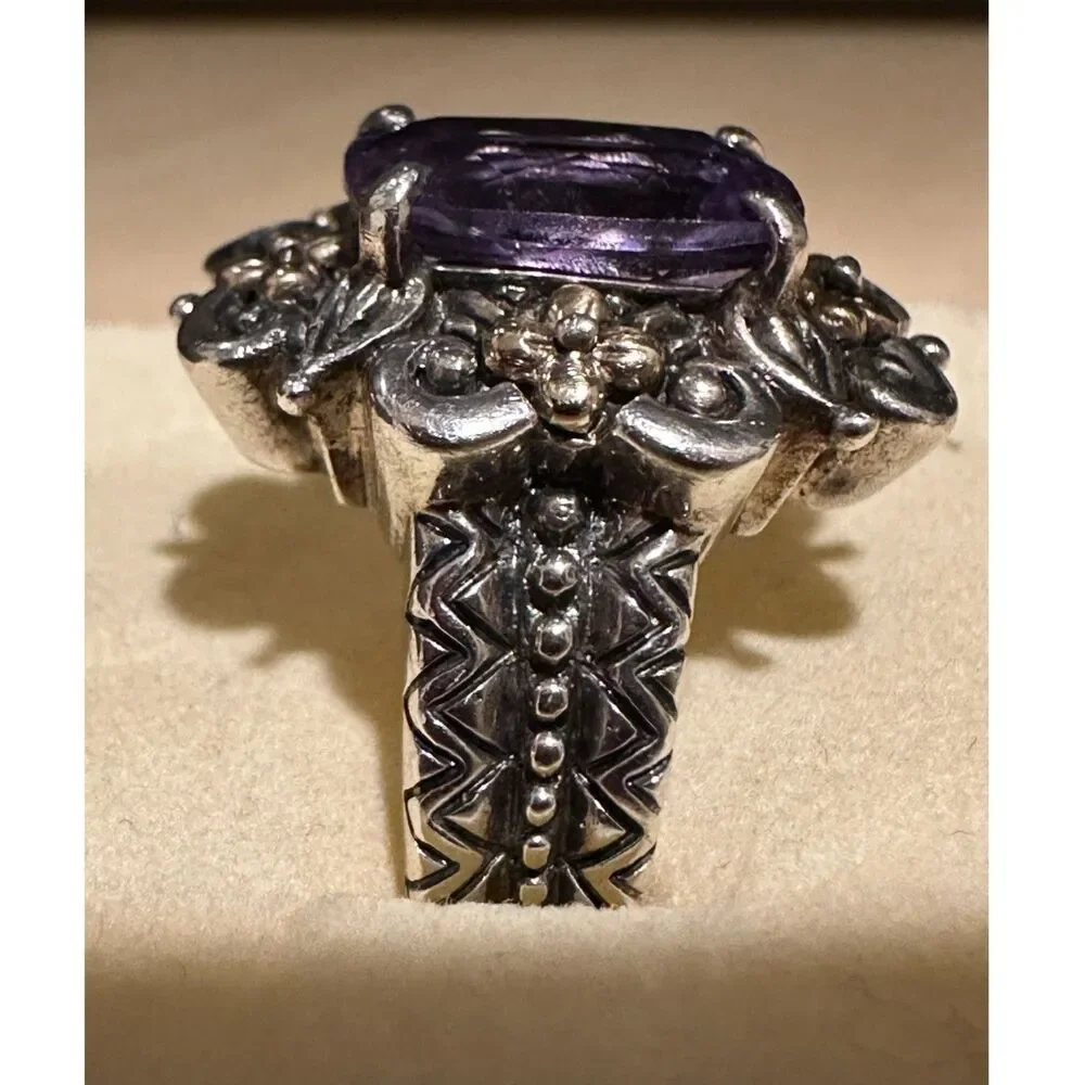 Barbara Bixby Sterling Silver 18K Gold Amethyst Filigree Statement Ring Size 10